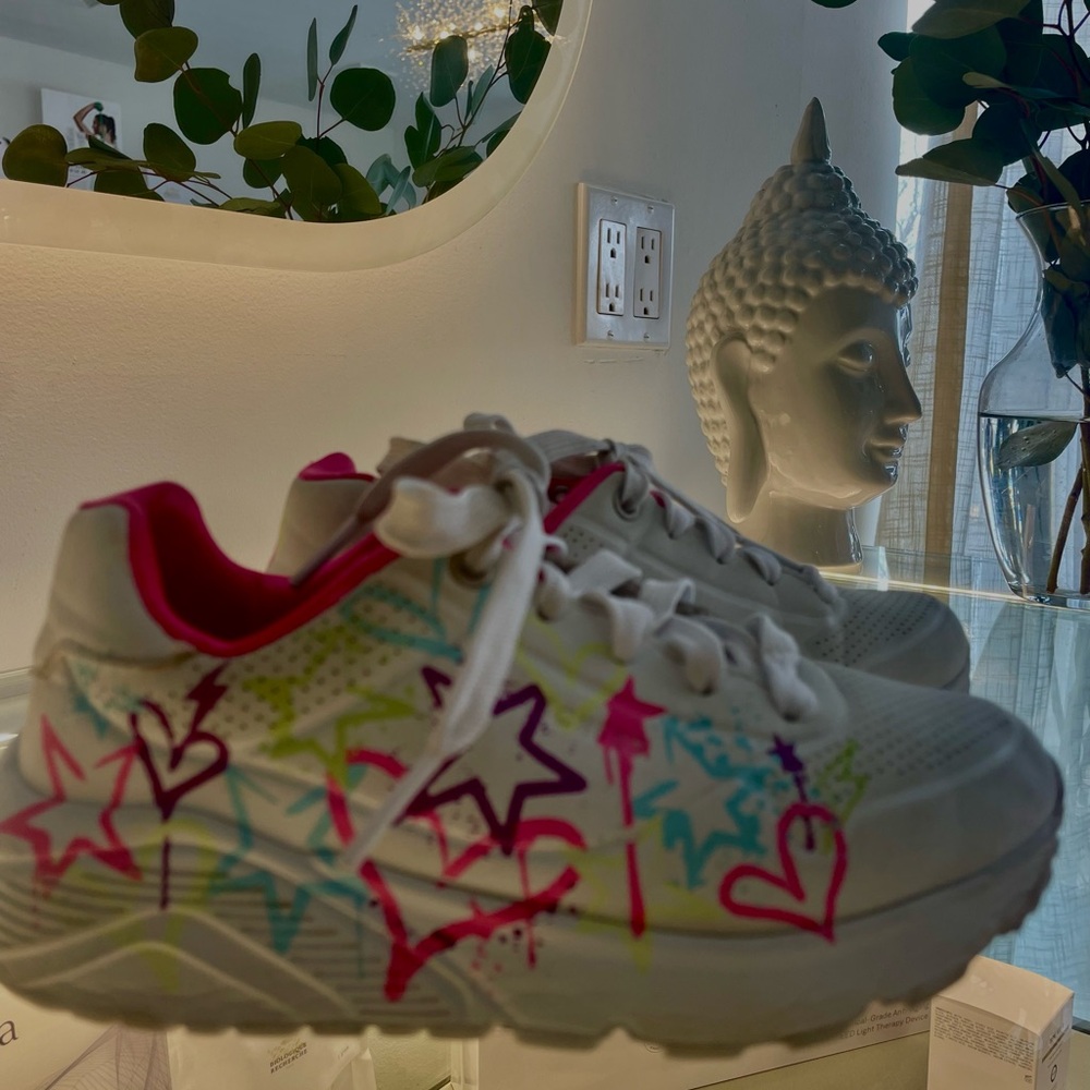 Skechers White Sneakers with Pink, Purple and Neon Green Accents